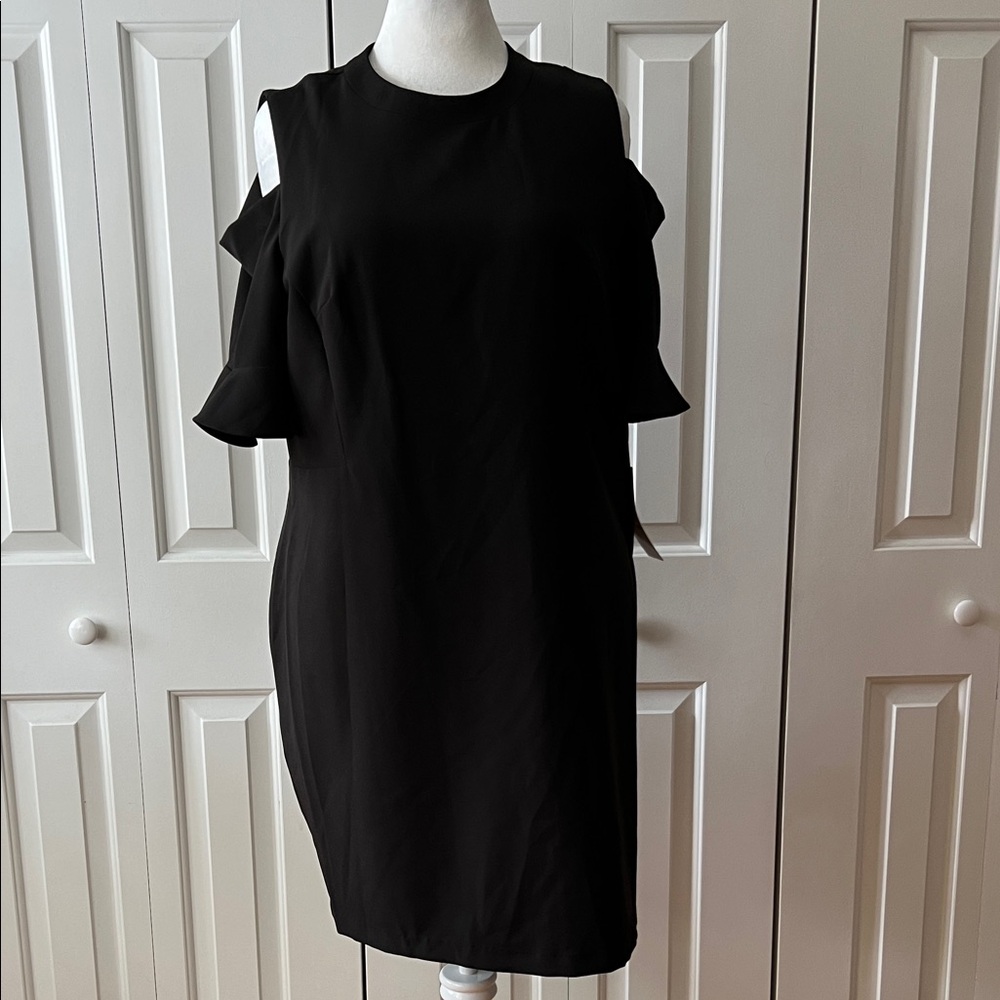 Sharagano Black Cold-Shoulder Ruffle Midi Dress